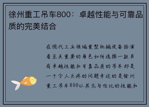 徐州重工吊车800：卓越性能与可靠品质的完美结合