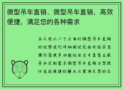 微型吊车直销、微型吊车直销，高效便捷，满足您的各种需求